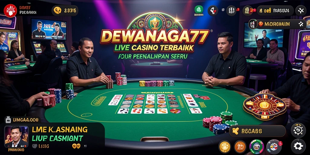 Screenshot gameplay DEWANAGA77 menunjukkan dealer langsung dan suasana kasino yang mendebarkan.