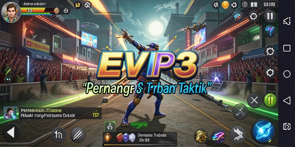 Screenshot tampilan gameplay EVIP3 yang menampilkan pertarungan strategi.