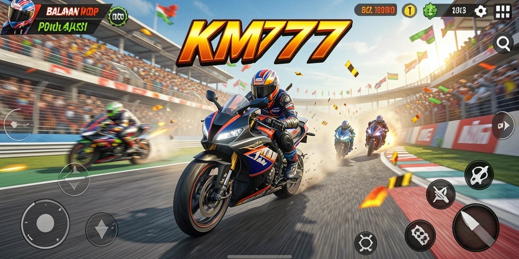 Tampilan gameplay seru dengan kecepatan tinggi di trek balapan motor.