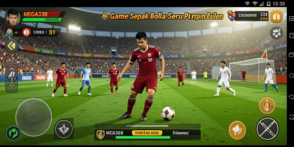 Screenshot utama MEGA338 menampilkan aksi sepak bola yang mendebarkan.