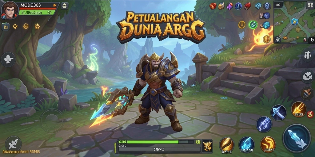 Screenshot gameplay MODE303 menunjukkan pertarungan seru antara karakter pahlawan melawan monster.