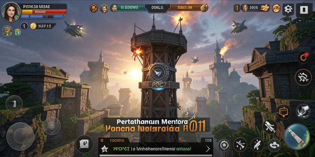 Tampilan gameplay menarik dari PCPC7 dengan menara dan musuh yang beragam.