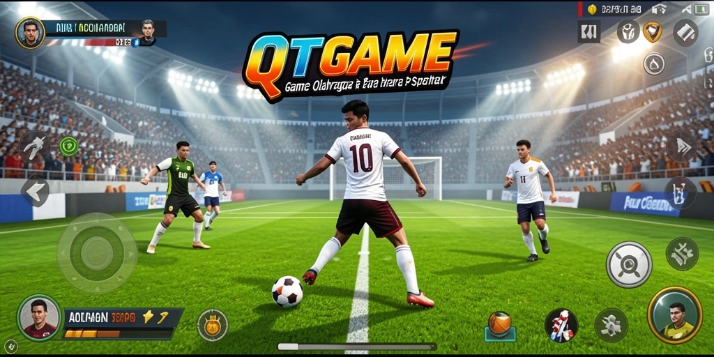 Screenshot gameplay QTGAME menampilkan aksi seru dalam pertandingan olahraga.