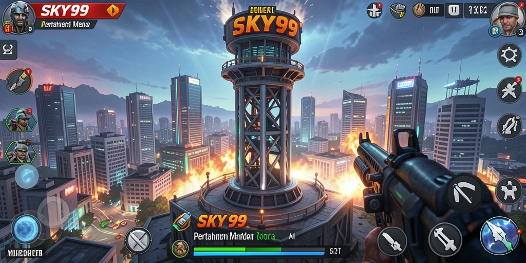 Menampilkan tampilan menara dan serangan musuh di SKY99.