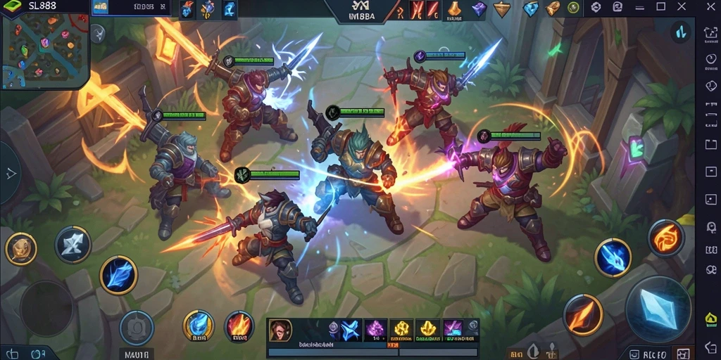 Screenshot gameplay SL888 menampilkan aksi pertarungan seru di arena MOBA.